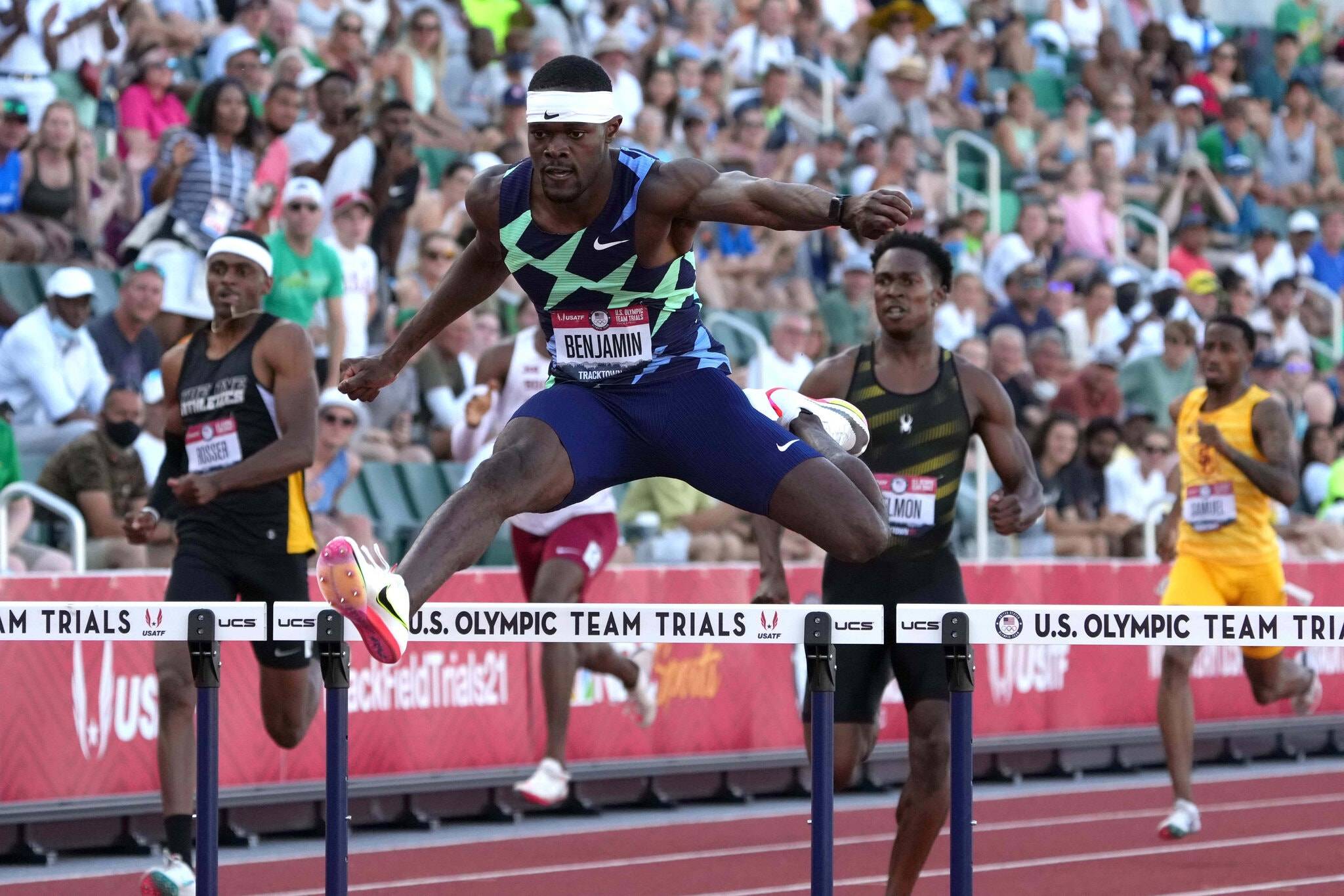 Rai Benjamin running at the Olympic trials in June. | KIRBY LEE / USA TODAY / VIA REUTERS