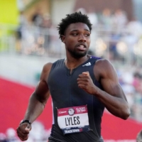 Noah Lyles, running at the U.S. Olympic track and field trials in June, believes he’s faster after rainfall. | KIRBY LEE / USA TODAY / VIA REUTERS
