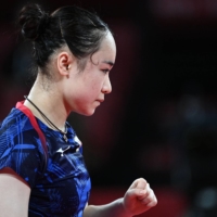 Japan\'s Mima Ito reacts after defeating Singapore\'s Yu Mengyu in the Olympic bronze medal match on Thursday at the Tokyo Metropolitan Gymnasium.  | AFP-JIJI
