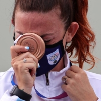 Bronze medalist Alessandra Perilli of San Marino at the medal ceremony for women\'s trap shooting in Tokyo on Thursday | REUTERS