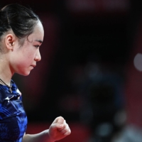 Japan\'s Mima Ito reacts after defeating Singapore\'s Yu Mengyu in the Olympic bronze medal match on Thursday at the Tokyo Metropolitan Gymnasium.  | AFP-JIJI