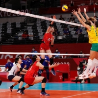 A scene from the Japan vs. Brazil match of women\'s volleyball | REUTERS