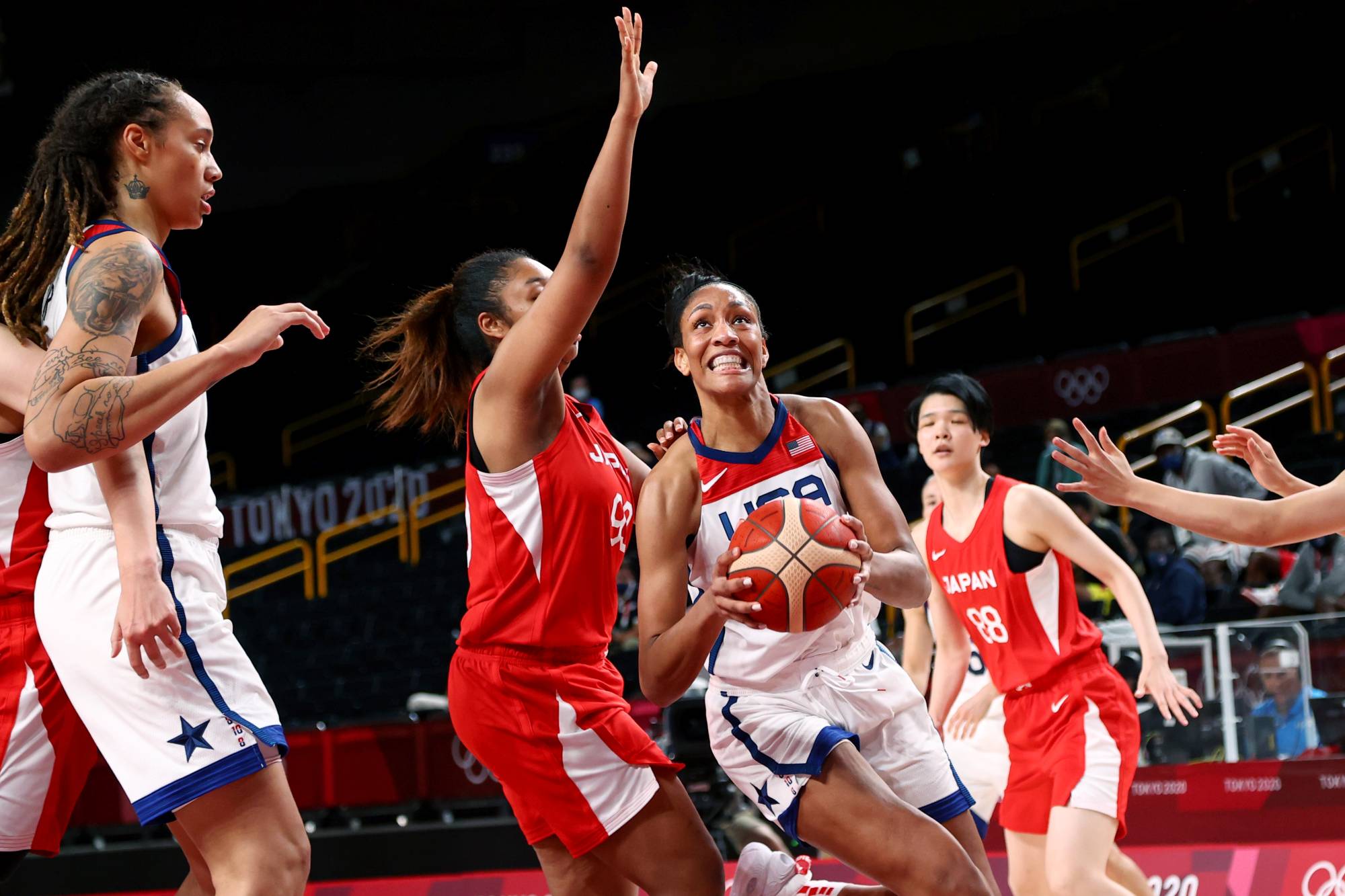 A'Ja Wilson of the United States goes up against Monica Okoye of Japan on Friday at Saitama Super Arena.  | REUTERS 