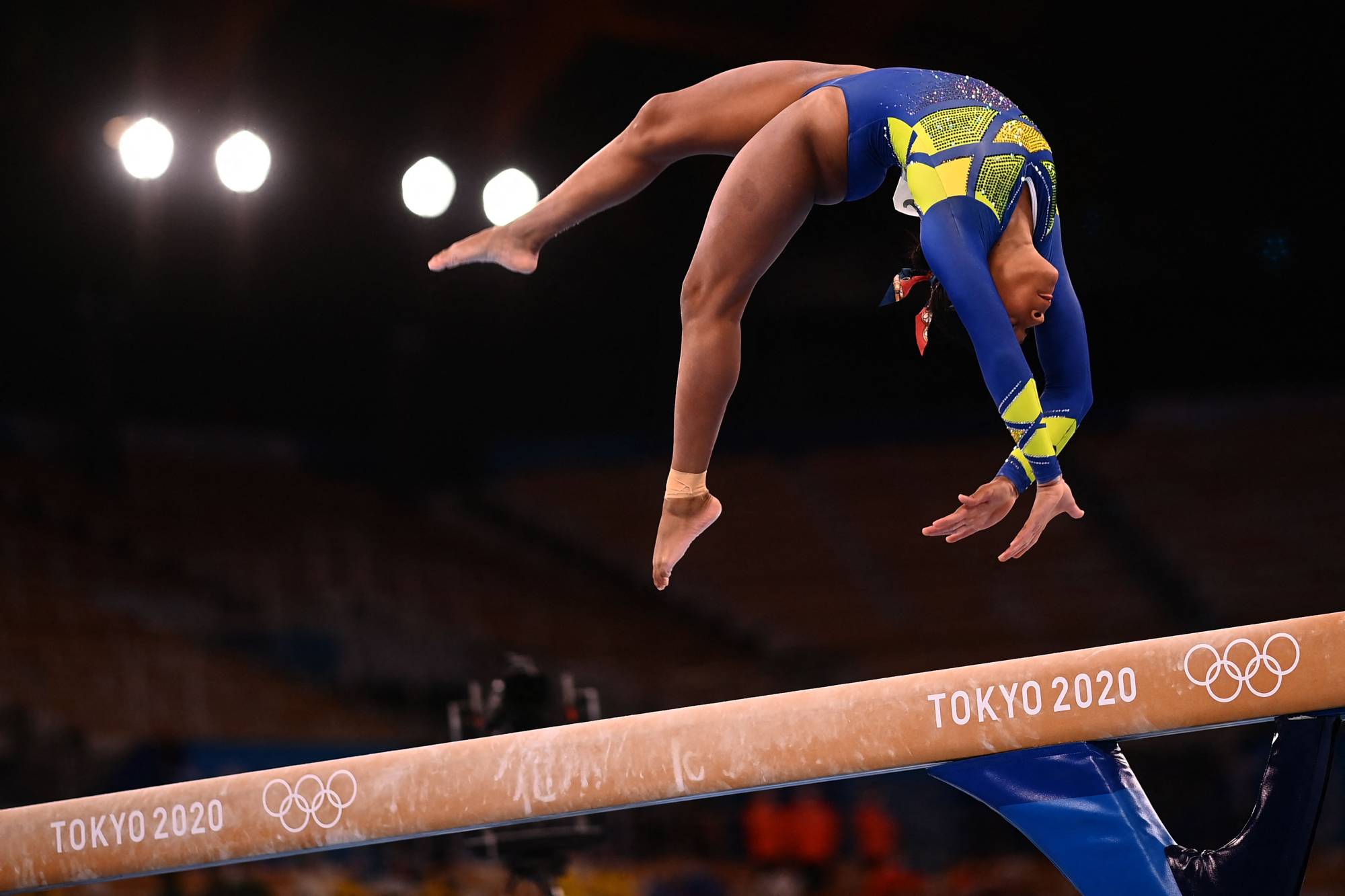 Brazil's Rebeca Andrade competes in the balance beam event of the artistic gymnastics women's all-around final. | AFP-JIJI