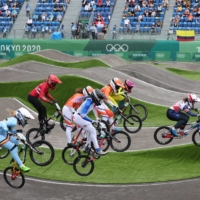 Athletes compete in the women\'s individual semifinal for BMX racing in Ariake Urban Sports Park | REUTERS