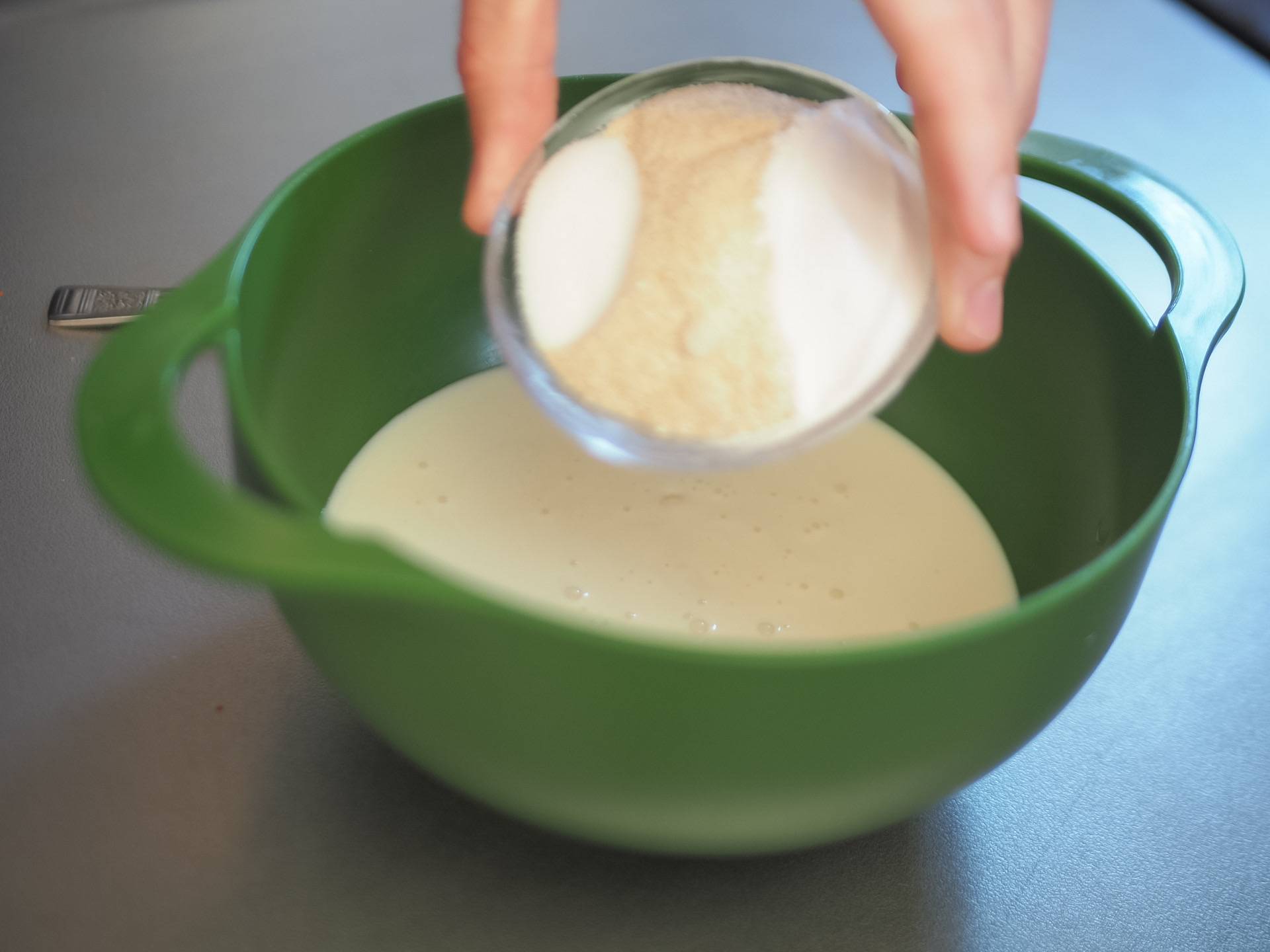 Mix all ingredients (besides the bean paste and butter) in a bowl and wait for the baking soda to react with the sourdough. | SIMON DALY         