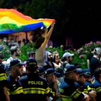 Demonstrators hold a rally in support of those who were injured during the July 5 protests, when a pride march was disrupted by members of violent groups, in Tbilisi on July 6.  | AFP-JIJI