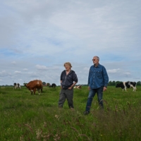 Karin Muck and Jan Gerdes visit the cows at Hof Butenland, an ex-dairy farm that’s become a farm animal retirement home and symbol of veganism and coexistence of people and animals. | LENA MUCHA / THE NEW YORK TIMES