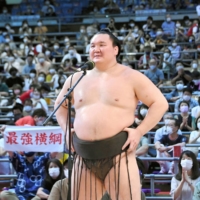 Hakuho is interviewed after his victory in Nagoya on Sunday. | KYODO