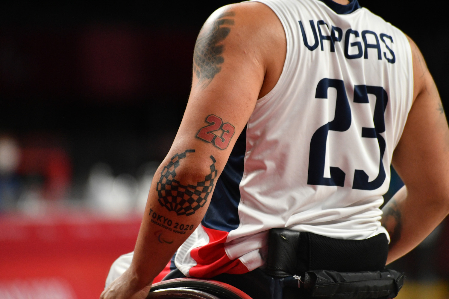 A Paralympic tattoo on the elbow of Raul Vega, a Colombian wheelchair basketball athlete | DAN ORLOWITZ