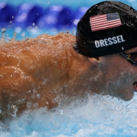 Caeleb Dressel swims the butterfly leg of the men\'s 4x100-meter medley relay on Sunday.   | REUTERS