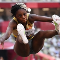 Germany\'s Maryse Luzolo competes in the women\'s long jump qualification. | AFP-JIJI