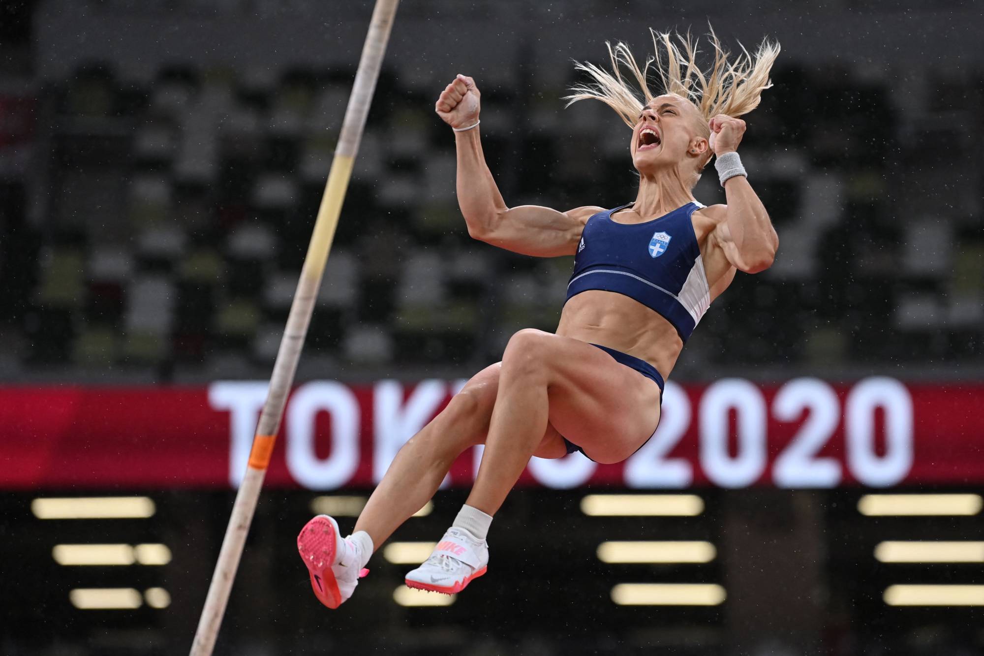 Greece's Nikolia Kiriakopoulou, in the women's pole vault qualification  | AFP-JIJI