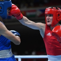 Kellie Ann Harrington of Ireland takes on Imane Khelif of Algeria in the women\'s lightweight quarterfinals. | REUTERS 