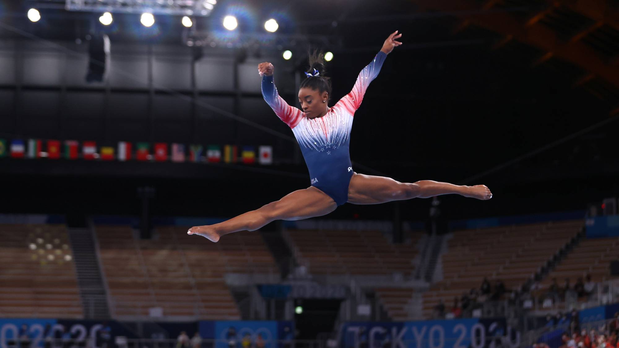 Simone Biles of the United States in action on the balance beam on Tuesday at Ariake Gymnastics Centre in Tokyo. | REUTERS