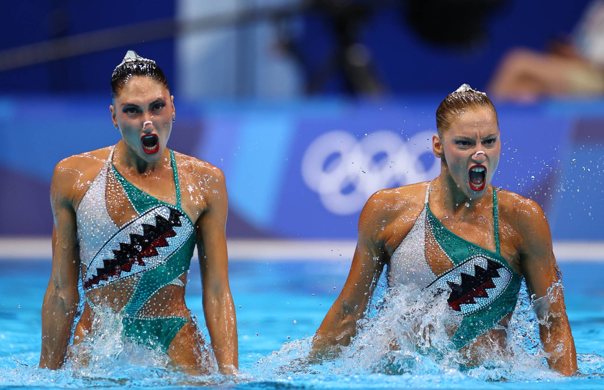 Evangelia Papazoglou and Evangelia Platanioti of Greece during a preliminary round at the Tokyo Aquatics Centre on Monday | REUTERS