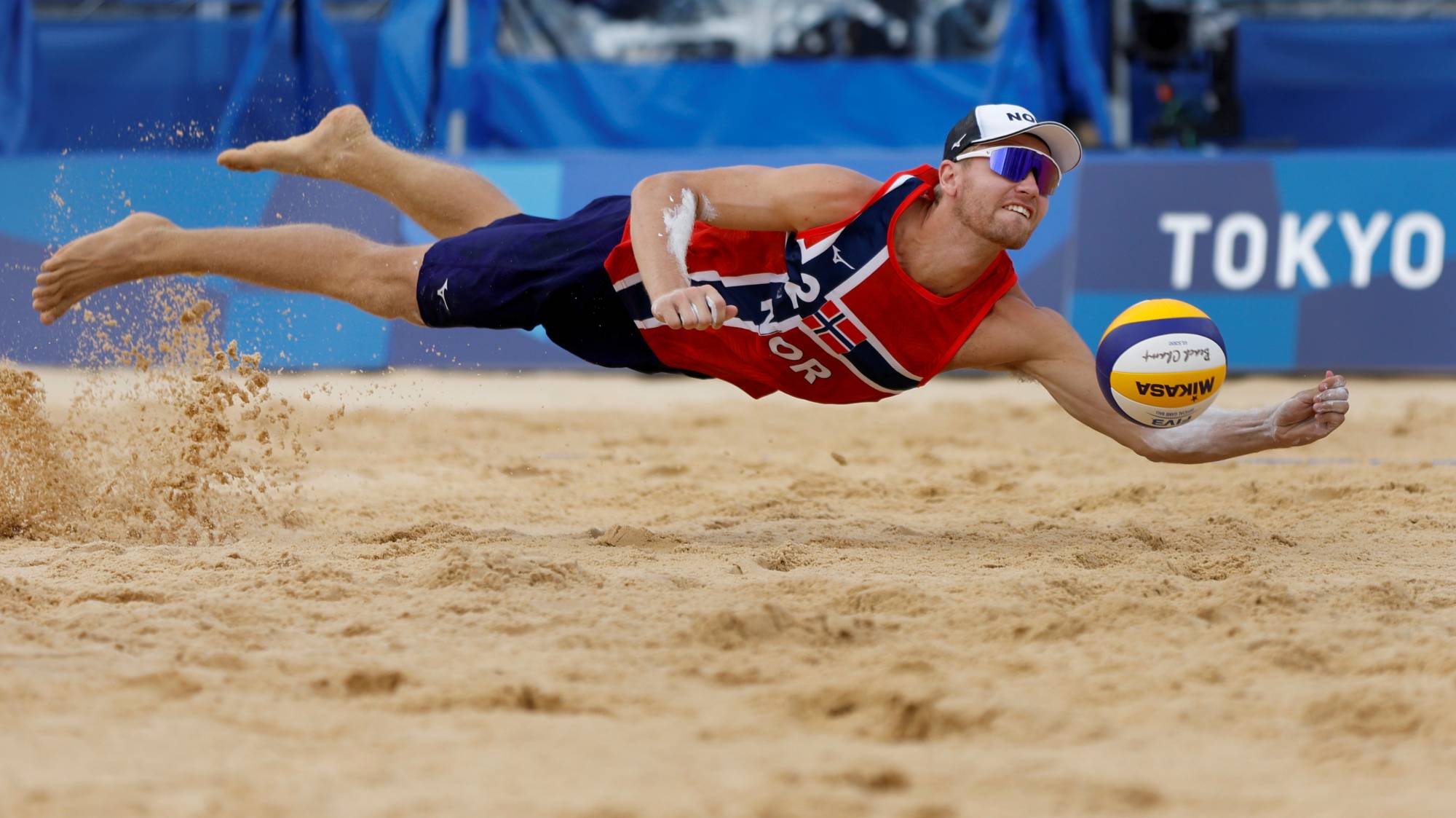 Norway's Christian Sorum in action during the quarterfinal of the men's beach volleyball | REUTERS