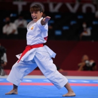 Spain\'s Sandra Sanchez Jamie performs in the women\'s kata event on Thursday at Tokyo\'s Nippon Budokan.  | AFP-JIJI