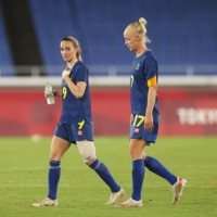 Kosovare Asllani and Caroline Seger of Sweden after their win over Australia in the women\'s semifinals.  | REUTERS