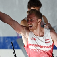 Austria\'s Jakob Schubert after winning the lead final during the men\'s sport climbing competition on Thursday. | AFP-JIJI