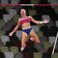Katie Nageotte of the United States after clearing the crossbar in the women\'s pole vault | REUTERS