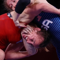 USA\'s Sarah Hildebrandt in action against Ukraine\'s Oksana Livach during the bronze medal match of women\'s 50-kg wrestling event.  | REUTERS