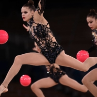 Team Ukraine competes in the group all-around qualification of the rhythmic gymnastics event  | AFP-JIJI