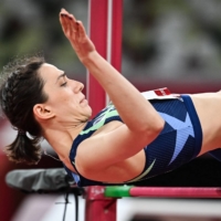 Mariya Lasitskene on her way to winning gold in the women\'s high jump final. | AFP-JIJI