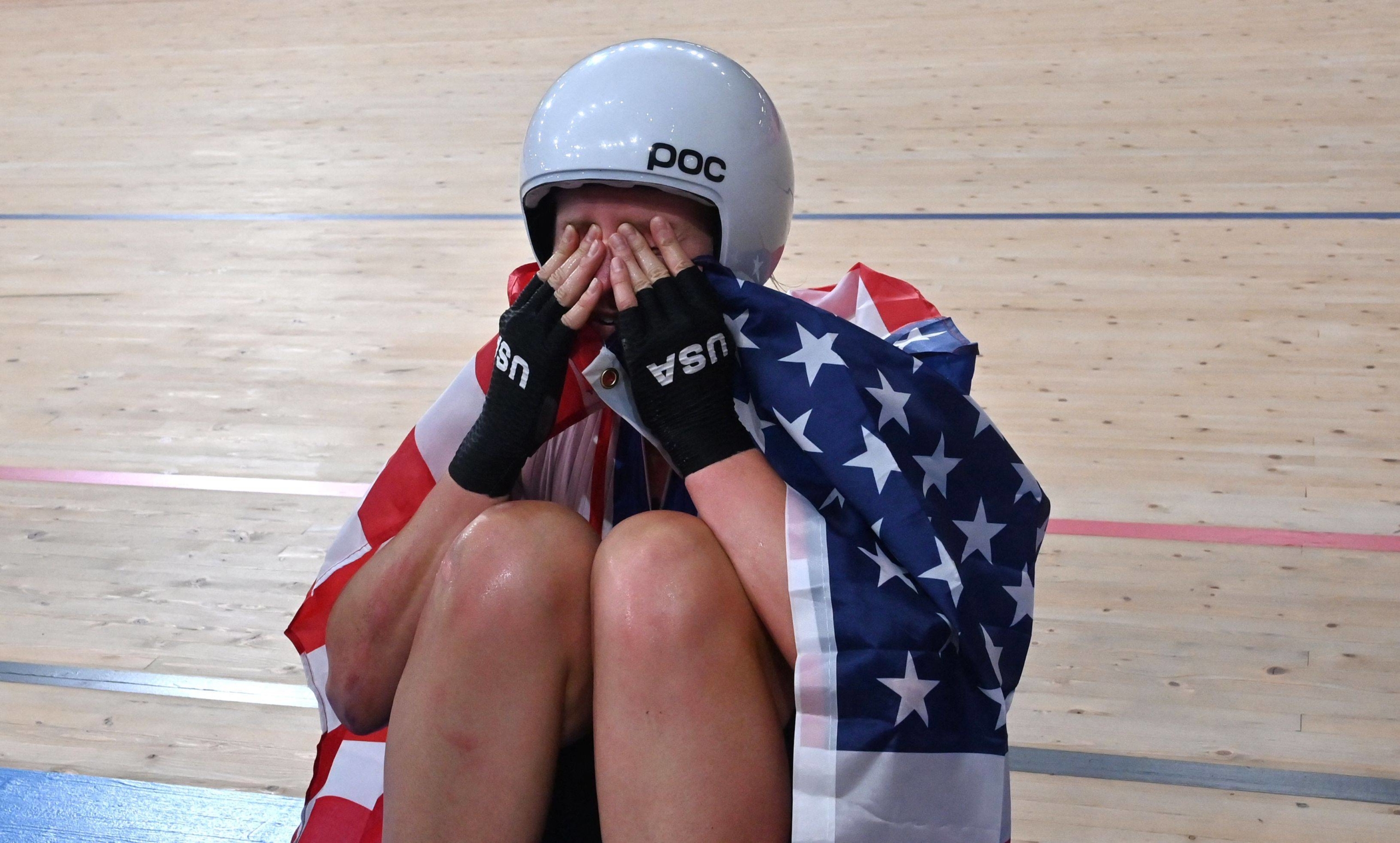 USA's Jennifer Valente after winning the women's track cycling omnium points race | AFP-JIJI