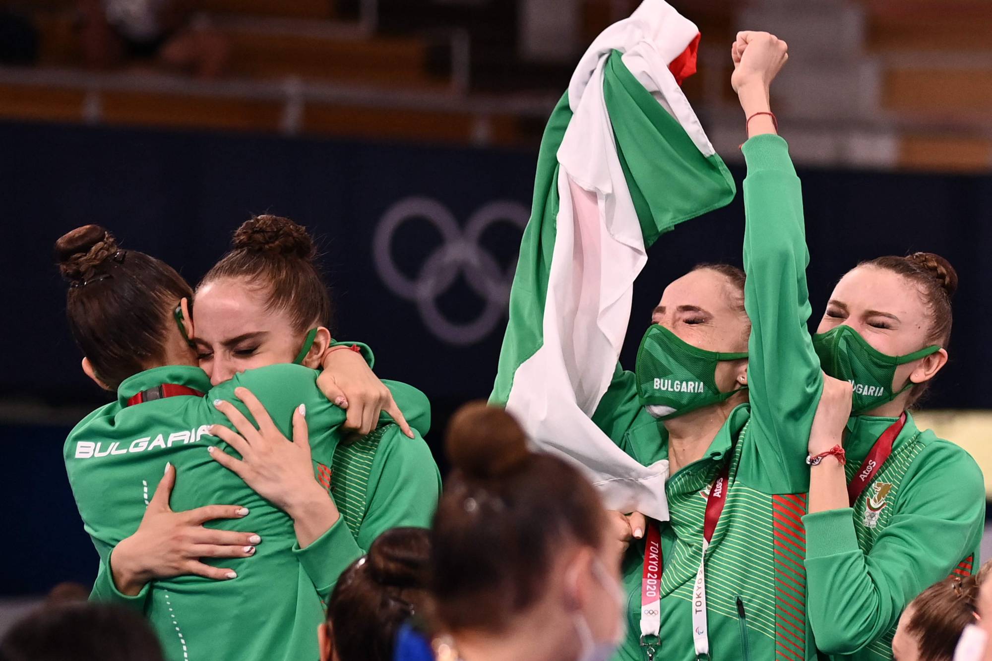 Team Bulgaria celebrates winning the group all-around final of the rhythmic gymnastics event | AFP-JIJI