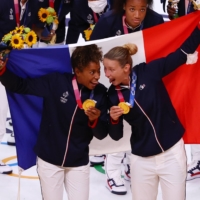 Gold medalist team members of France at the victory ceremony for women\'s volleyball. | REUTERS