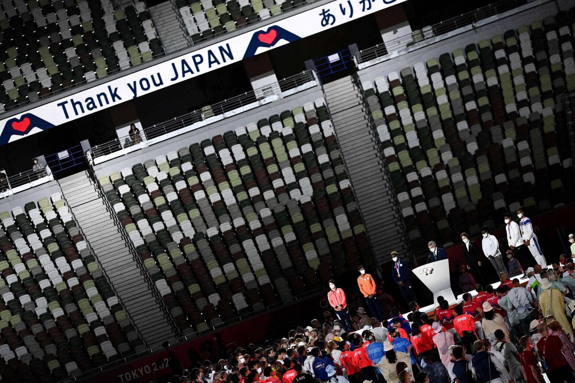 IOC President Thomas Bach delivers a speech during the closing ceremony of the Tokyo 2020 Olympic Games. | AFP-JIJI