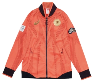 Asics’ peach-colored Podium Jackets are made to order and limited-edition, making them one of the more collectable Olympic fashion mementos. | ASICS 