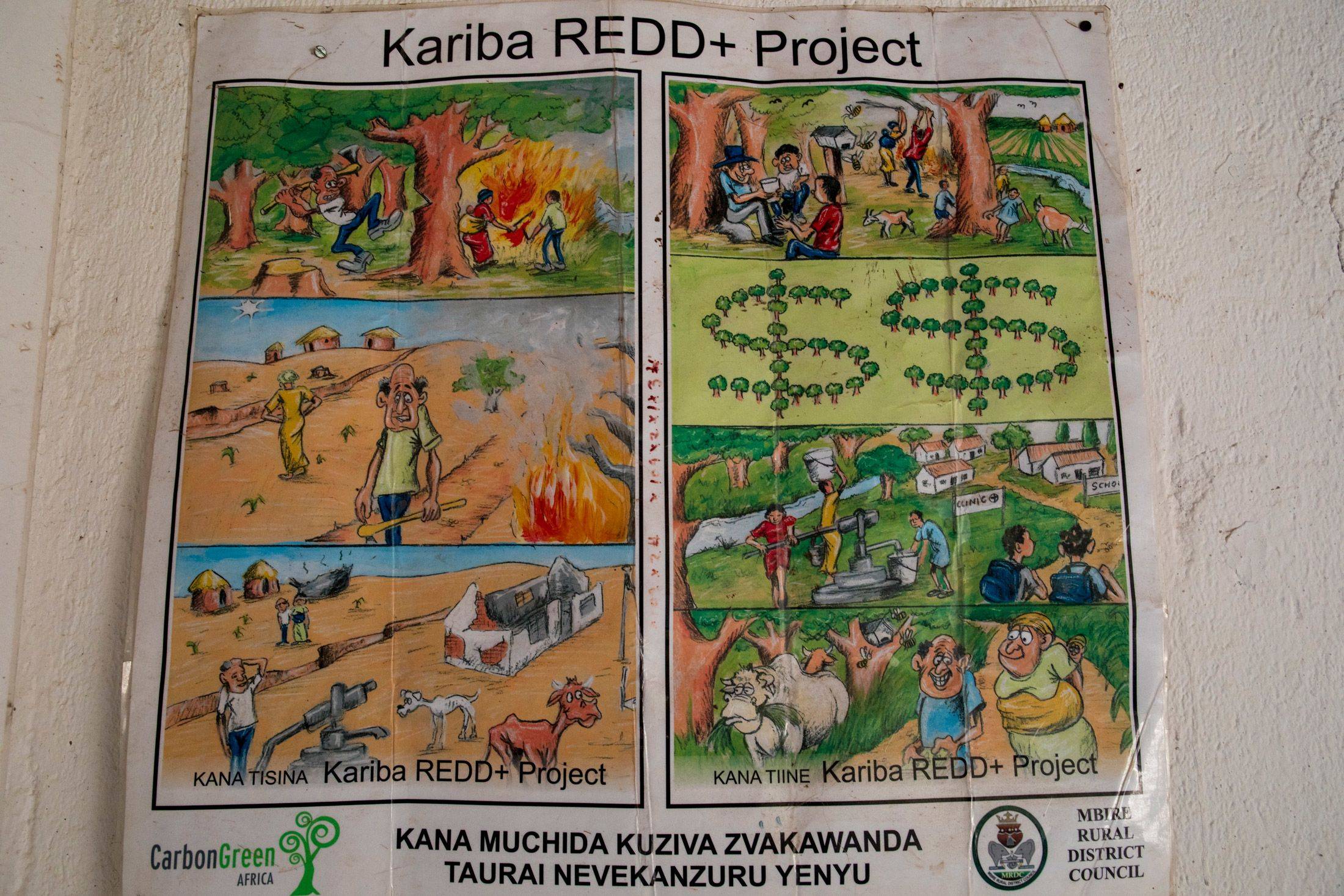 Posters advertising local REDD+ projects line the office walls of Tarcisius Mahuni, who runs the local district council in Mbire, Zimbabwe. | Bloomberg 