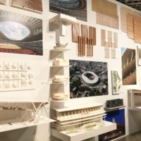 A wall of models and plans of Kengo Kuma’s National Stadium design greets visitors to “Kuma Kengo: Five Purr-fect Points for a New Public Space,” the architect’s first major solo exhibition at The National Museum of Modern Art, Tokyo. | © MIO YAMADA

