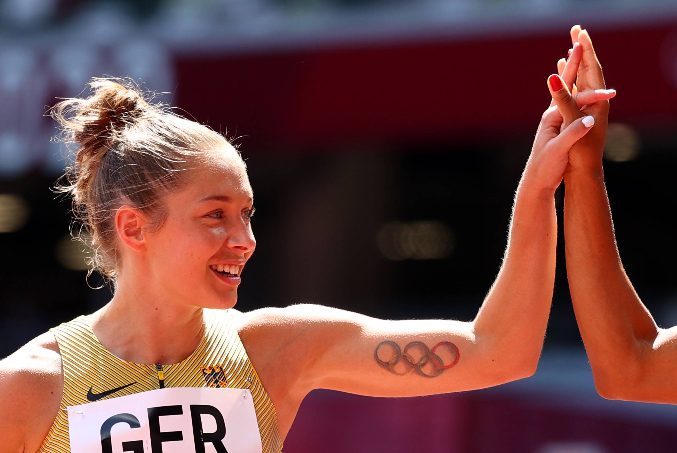The Olympic rings tattoo of  German sprinter Gina Lueckenkemper  | REUTERS