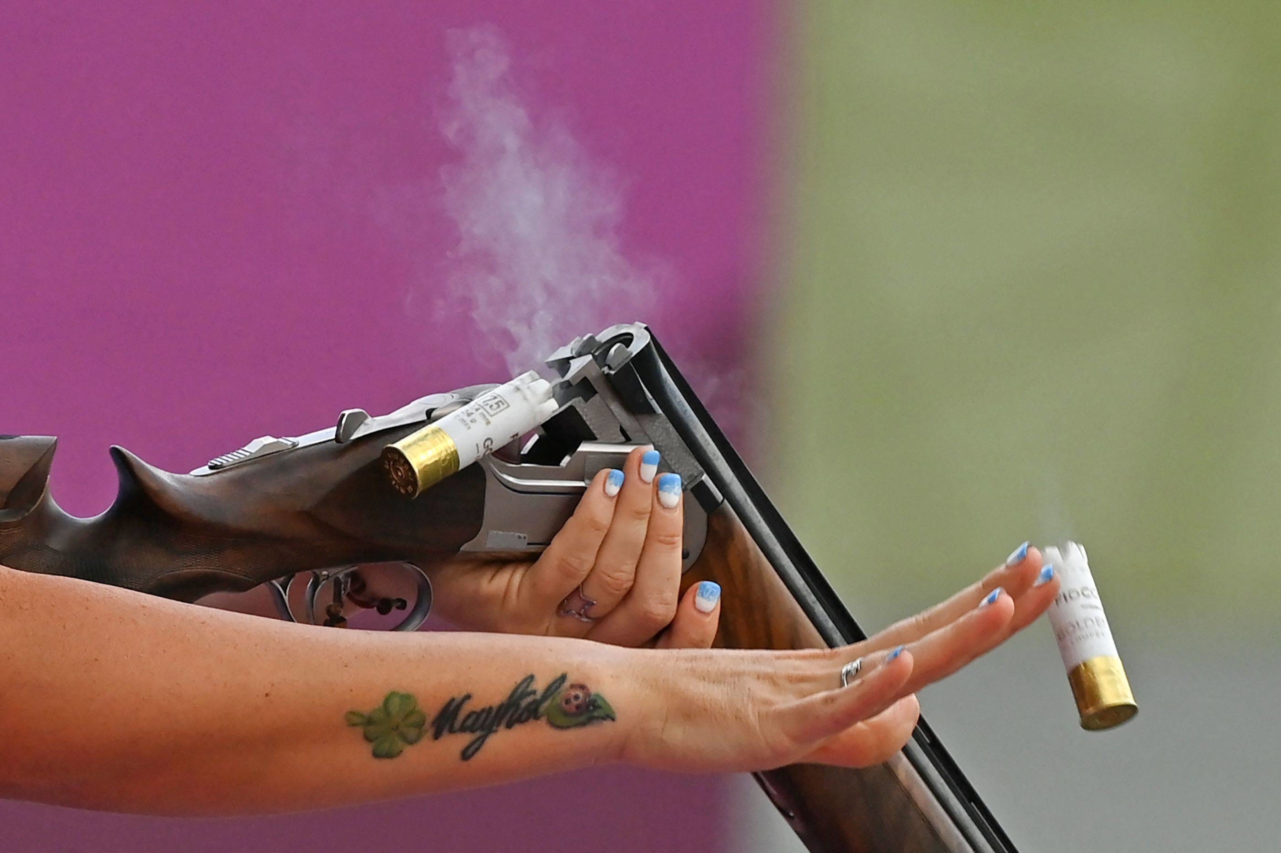 A tattoo on the arm of women's trap athlete Alessandra Perilli  San Marino | AFP-JIJI
