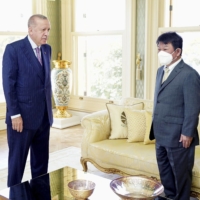 Japanese Foreign Minister Toshimitsu Motegi meets with Turkey President Recep Tayyip Erdogan in Istanbul on Friday. | JAPAN FOREIGN MINISTRY / VIA KYODO