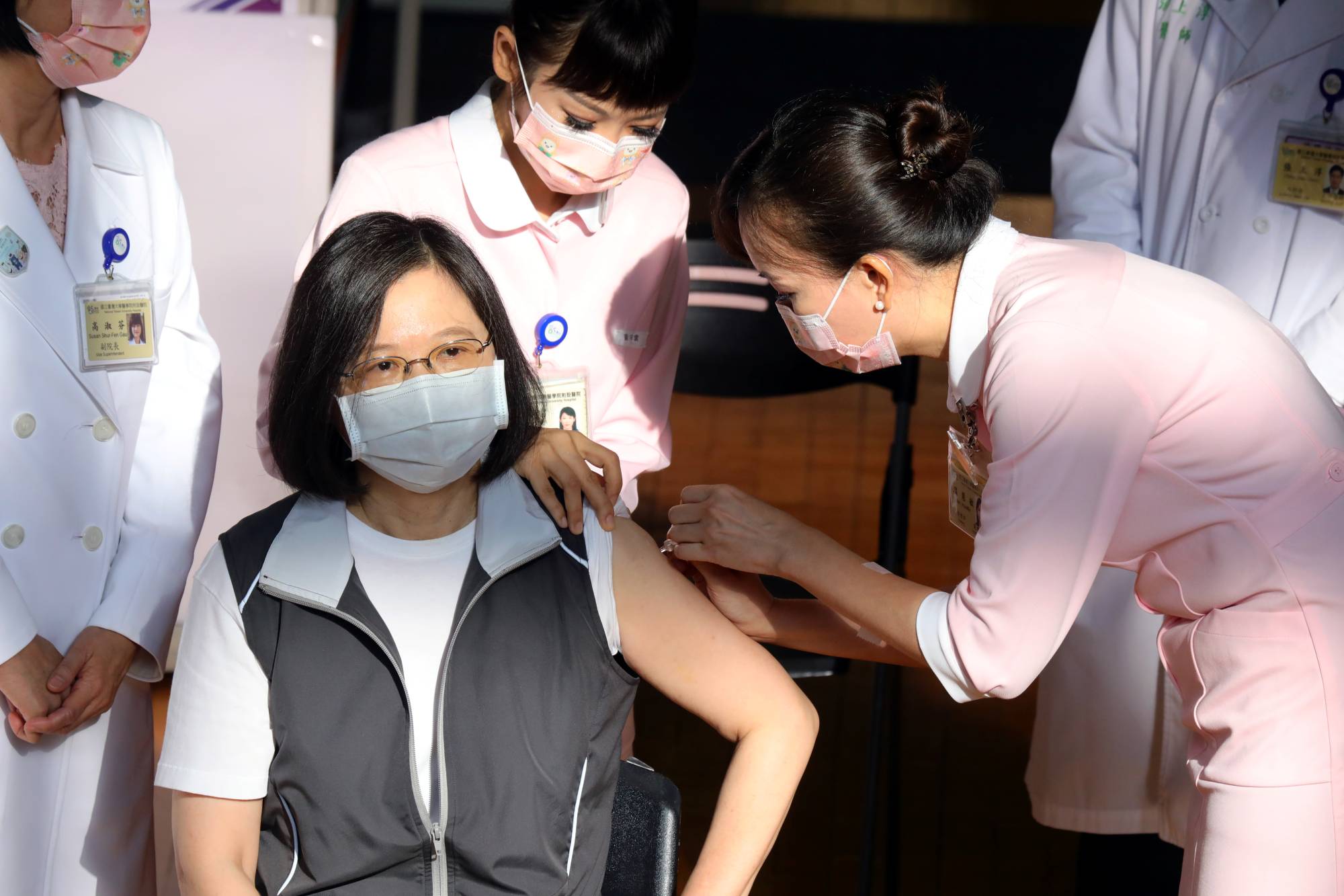 Taiwan President Tsai Ing-wen gets a dose of Medigen Vaccine Biologics Corp.'s COVID-19 vaccine at National Taiwan University Hospital in Taipei on Monday.  | REUTERS 