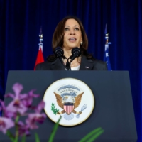 U.S. Vice President Kamala Harris delivers a speech at Gardens by the Bay in Singapore on Tuesday.  | POOL / VIA REUTERS 