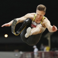 Germany\'s Markus Rehm competes in the men\'s long jump T64 final at the World Para Athletics Championships in November 2019 in Dubai. | KYODO

