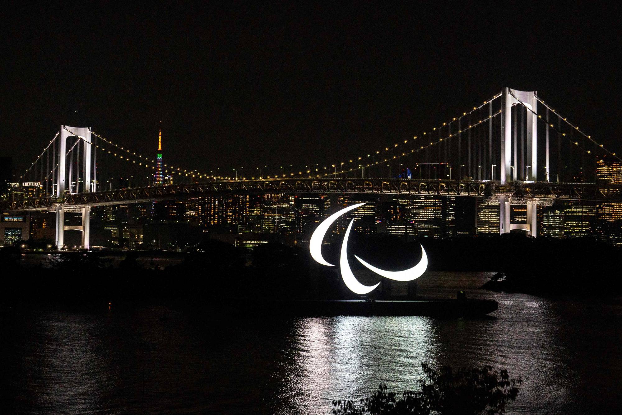 The Paralympic symbol on the Odaiba waterfront in Tokyo on Monday | AFP-JIJI