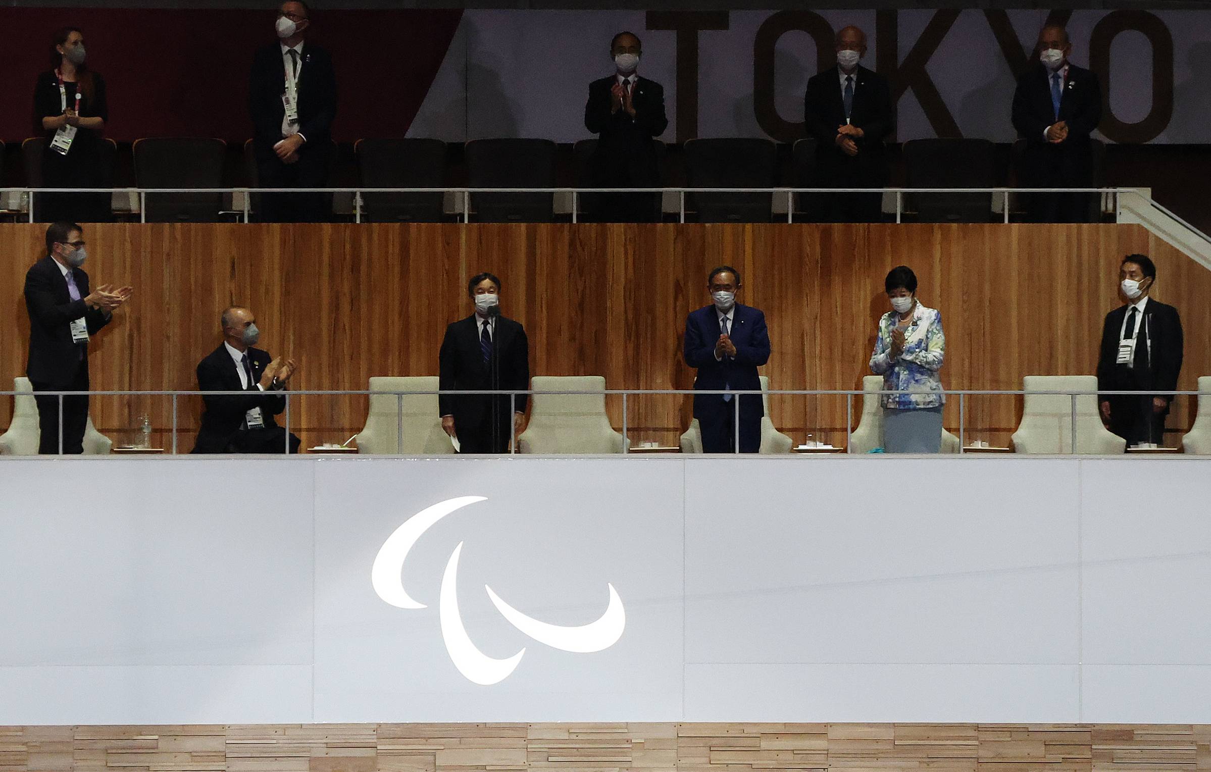 Emperor Naruhito, Prime Minister Yoshihide Suga and Tokyo Governor Yuriko Koike watch the opening ceremony | REUTERS