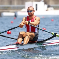 Sverri Sandberg Nielsen, a Faroese rower representing Denmark, competes in the Olympic men\'s singles sculls semifinals on July 29 in Tokyo.  | REUTERS