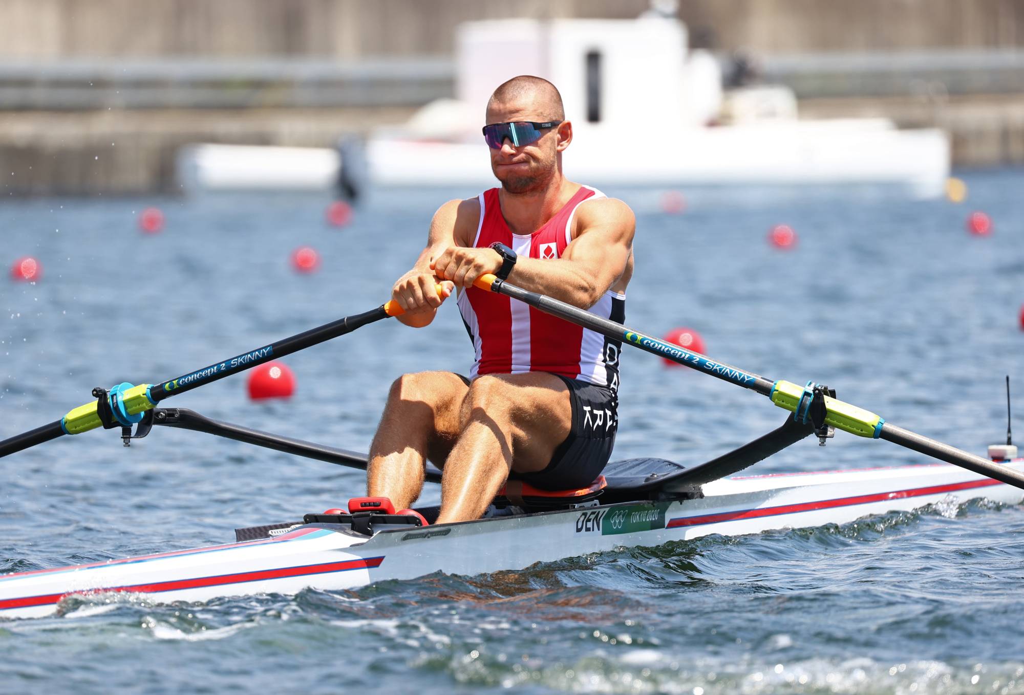 Sverri Sandberg Nielsen, a Faroese rower representing Denmark, competes in the Olympic men's singles sculls semifinals on July 29 in Tokyo. | Reuters