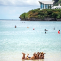 Tourists on the beach at Tumon Bay, Guam, in August 2017.  | NANCY BOROWICK / THE NEW YORK TIMES