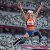 Fleur Jong of the Netherlands competes in the athletics women\'s T64 long jump | OIS