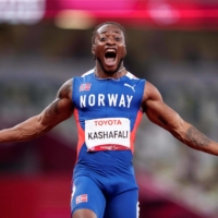 Norway\'s Salum Ageze Kashafali celebrating victory in the final of the men’s T12 100-meters.   | OIS