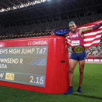 USA\'s Roderick Townsend celebrating his victory and world record in the men’s T47 high jump. | OIS