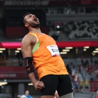India\'s Sumit Antil celebrates after winnin the gold medal in the men\'s F64 javelin throw final during the Tokyo Paralympics at National Stadium on Monday | REUTERS